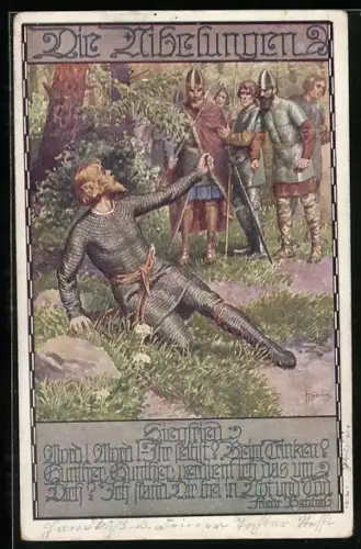 Künstler-AK Franz Kuderna: Die Nibelungen, Siegfried, Strophe von Friedrich Bebbel