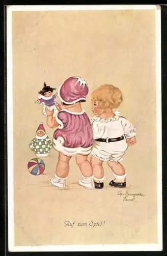 Künstler-AK Tilly von Baumgarten: Kinder spielen mit Ball und Puppen