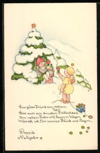 AK Zwerg stösst mit einem Engel zum neuen Jahr an