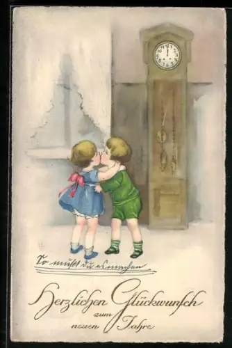 Künstler-AK Hannes Petersen: Mädchen und Junge geben sich zu Neujahr einen Kuss