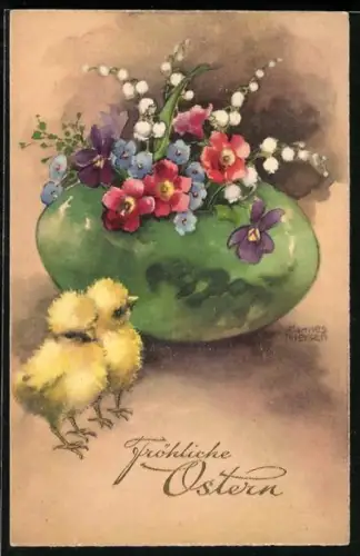 Künstler-AK Hannes Petersen: Osterei mit Blumen und Osterküken