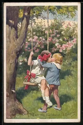 Künstler-AK Karl Feiertag: Erst ein Küsschen, Junge küsst ein Mädchen, das auf einer Schaukel sitzt