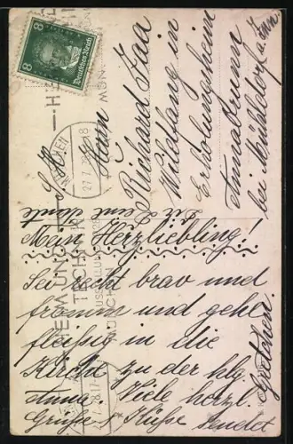 Künstler-AK Karl Feiertag: Erst ein Küsschen, Junge küsst ein Mädchen, das auf einer Schaukel sitzt