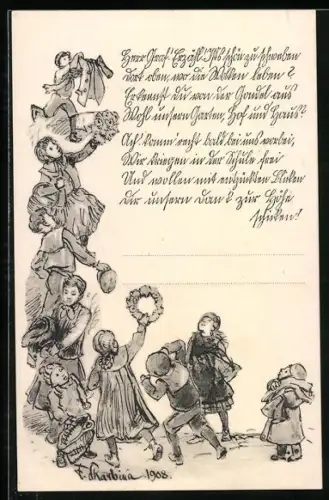 Künstler-AK Franz Skarbina: Kinder mit Blumen in der Hand