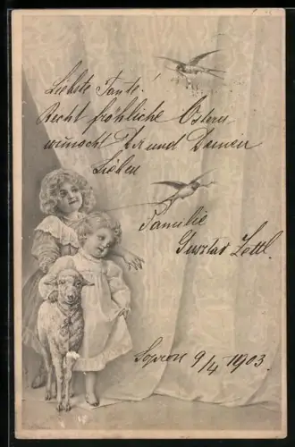 Künstler-AK Wichera: Zwei kleine Kinder mit einem Lämmchen und Schwalben