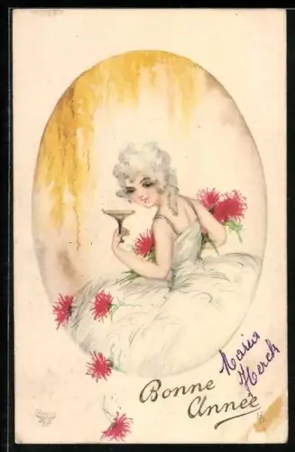 Künstler-AK Hannes Petersen: Angetrunkene Frau mit Champagnerglas und roten Blumen