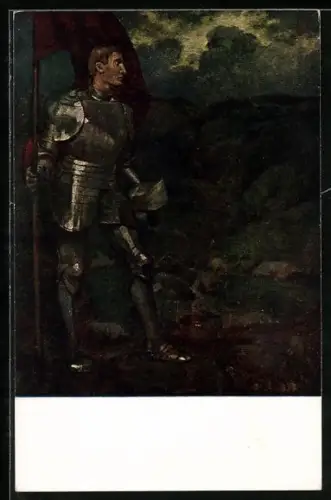 Künstler-AK Hans Thoma: Der Hüter des Tals, Ritter mit Banner und Helm