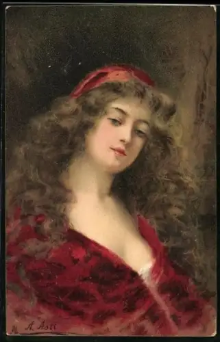 Künstler-AK Angelo Asti: Frau mit wallendem Haar in rubinroter Robe