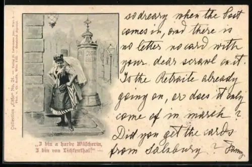 Künstler-AK Charles Scolik: Wäscherin steht bei einer Litfasssäule