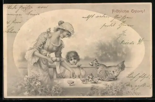 Künstler-AK Wichera: Eine junge Frau füttert Küken und eine Henne aus der Hand