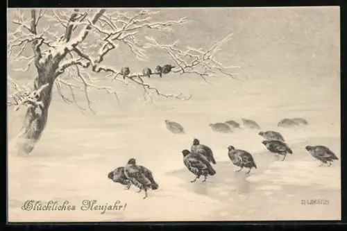 Künstler-AK R. Ulreich: Neujahrsgruss - Vögel auf verschneitem Eis