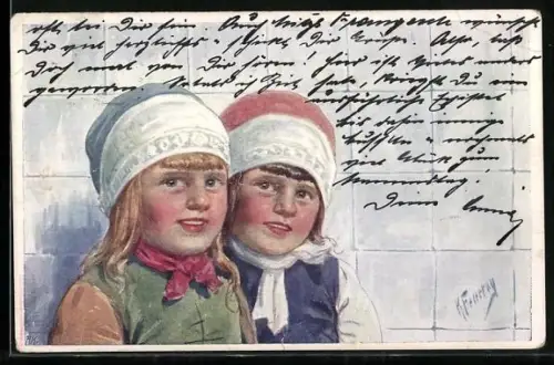 Künstler-AK Karl Feiertag: Zwei Kinder mit Mützen