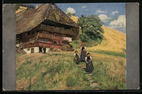 Künstler-AK Schwarzwald, Kinder und Frau in Schwarzwälder Tracht machen einen Sonntagsspaziergang