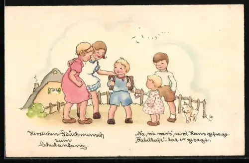 Künstler-AK Liesel Lauterborn: Kinder und eine Katze beglückwünschen einen Jungen zum Schulanfang