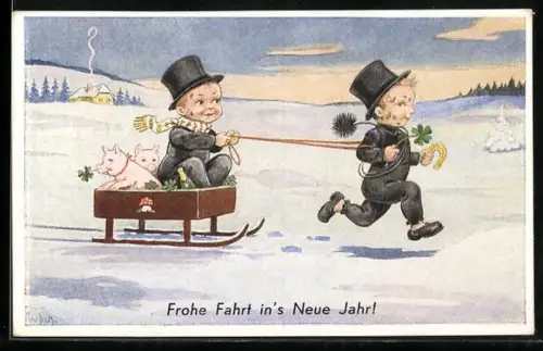 Künstler-AK Willi Scheuermann: Kleiner Schornsteinfeger mit Klee und Hufeisen zieht Schlitten mit Schweinchen