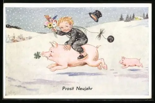 Künstler-AK Willi Scheuermann: Kleiner Schornsteinfeger reitet auf einem Schwein mit Klee im Mund