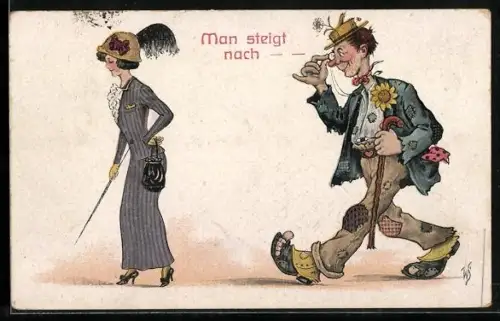 Künstler-AK Willi Scheuermann: Landstreicher läuft einer elegant gekleideten Dame nach