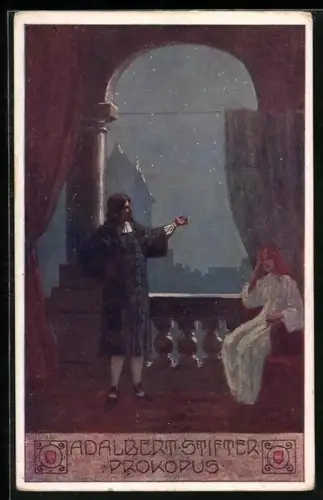 Künstler-AK Ernst Kutzer: Adalbert Stifter, Mann erzählt etwas einer Frau