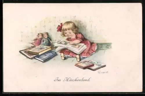 Künstler-AK Elly Frank: Kleines Mädchen sitzt bei ihren Puppen und liest Märchen