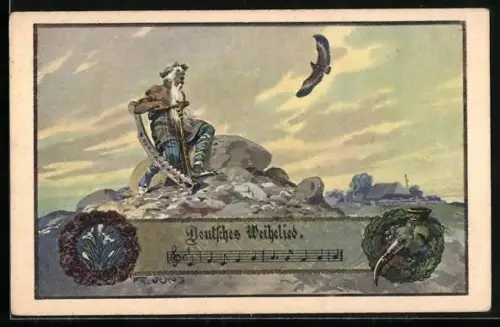 Künstler-AK Fr. Jung: Germanenkult mit der Melodie vom Deutschen Weihelied