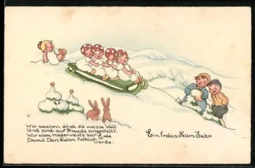 Künstler-AK Liesel Lauterborn: Vier Mädchen fahren auf einem Schlitten, eines ist heruntergefallen