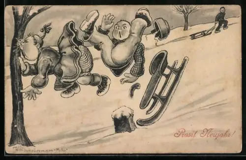 Künstler-AK Willi Scheuermann: Mädchen und Junge beim Schlittenunfall, Aufprall mit der Nase voran