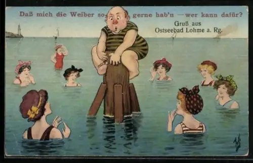 Künstler-AK Willi Scheuermann: Mann mit Halbglatze wird von Damen bedrängt