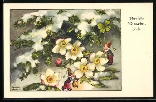 Künstler-AK Hannes Petersen: Zwerge mit Klee treffen sich im Laternenschein