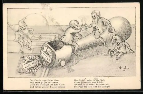 Künstler-AK H. Starkloff: Zwerge auf Poststempel feiern Neujahr