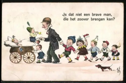 Künstler-AK Willi Scheuermann: Mann schiebt einen Kinderwagen und wird von einer Schar Kinder begleitet