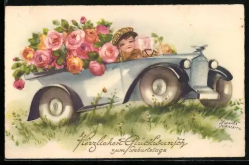 Künstler-AK Hannes Petersen: Junge fährt ein Auto voller Blumen