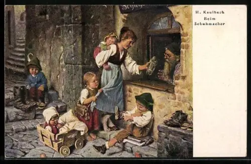 Künstler-AK Hermann Kaulbach: Beim Schuhmacher, Kindermädchen