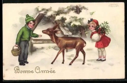 Künstler-AK Hannes Petersen: Zwei Kinder treffen ein Reh im winterlichen Wald