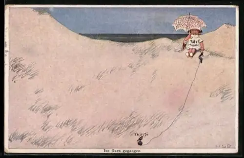 Künstler-AK H.S.B.: Kind mit Sonnenschirm beobachtet einen Vogel auf ihrem Wollknäuel