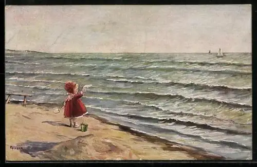 Künstler-AK Elly Frank: Mädchen mit Schaufel und Eimer winkt einem Segelboot vom Strand aus