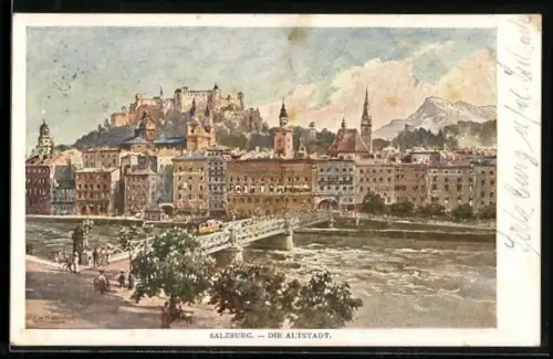 Künstler-AK Edward Theodore Compton: Salzburg, Die Altstadt, Brücke mit Strassenbahn