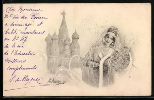 Künstler-AK Leopold Schweiger: Dame im Pelzmantel mit Basiliuskathedrale im Hintergrund