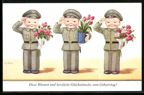 Künstler-AK Willi Scheuermann: Drei Soldaten in Uniform überbringen Geburtstagsgrüsse und Blumen