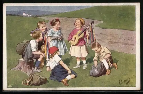 Künstler-AK Karl Feiertag: Ein Liedlein kürzt die Wanderschaft, von Lautenklang begleiten, Kinder am Wegesrand
