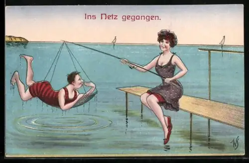 Künstler-AK Willi Scheuermann: Eine Frau angelt sich einen Schwimmer