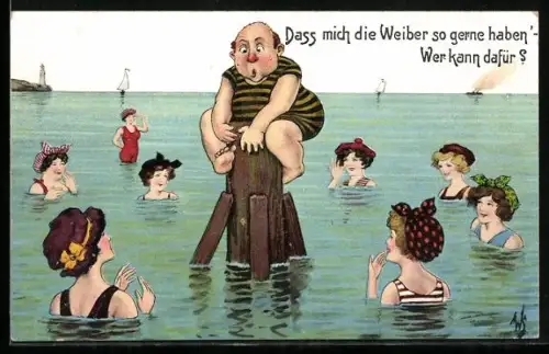 Künstler-AK Willi Scheuermann: Dass mich die Weiber so gerne haben, Badender Mann flüchtet auf Pfosten