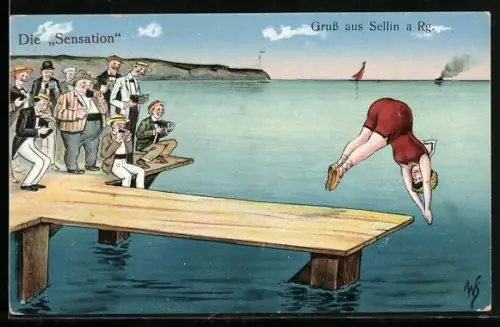 Künstler-AK Willi Scheuermann: Die Sensation, Fotografen am Wannsee und Mädchen beim Kopfsprung