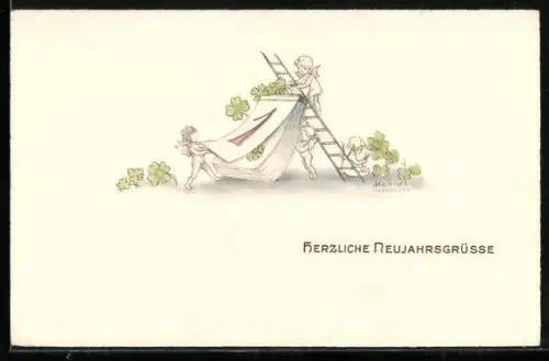 Künstler-AK Hannes Petersen: Engel bringen den Kalender für das neue Jahr