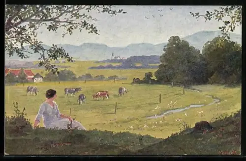 Künstler-AK Alfred Mailick: Frau sitzt auf einer Wiese mit Kühen im Hintergrund