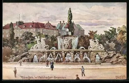 Künstler-AK Richard Wagner: München, Partie am Wittelsbacher-Brunnen