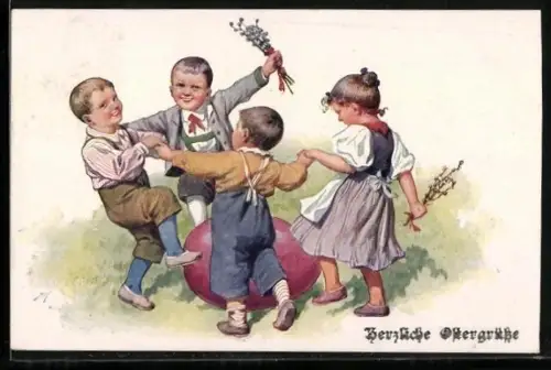 Künstler-AK Karl Feiertag: Kinder tanzen um ein grosses Osterei