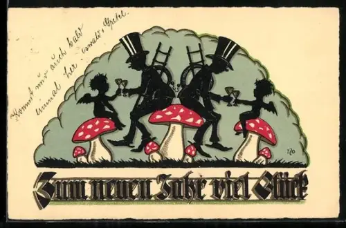 Künstler-AK Oskar Petersen: Schornsteinfeger sitzen auf Fliegenpilzen und stossen mit Engeln an