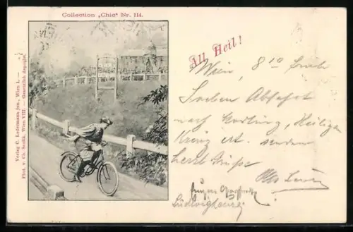 Künstler-AK Charles Scolik: Radfahrerin auf einem Jahrmarkt