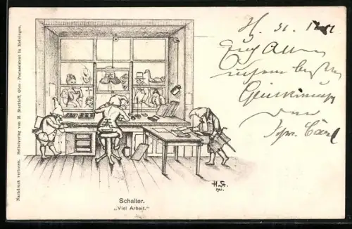 Künstler-AK H. Starkloff: Drei Zwerge arbeiten völlig überlastet am Postschalter