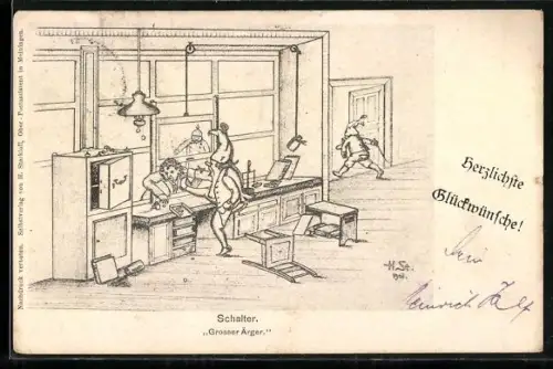 Künstler-AK H. Starkloff: Die Zwerge am Schalter ziehen einen Kunden am Ohr